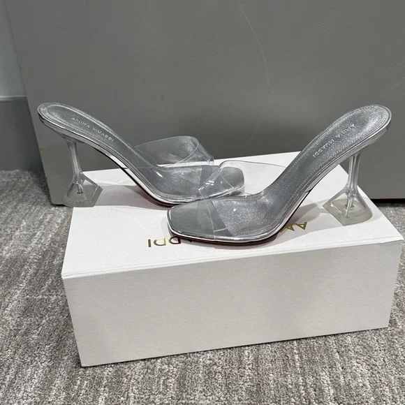 Amina Muaddi Lupita glass clear slipper plexi Silver pvc leather Heels - Picture 5 of 8